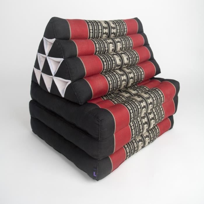 Matelas Thaï avec coussin triangulaire, 170x53x30 cm, Kapok, Noir Rouge