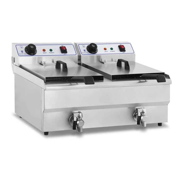 Friteuse avec robinet de vidange Royal Catering 2 prises électriques 2x16L 2x3.500W 230V 23x25x12cm Inox RCEF 16D