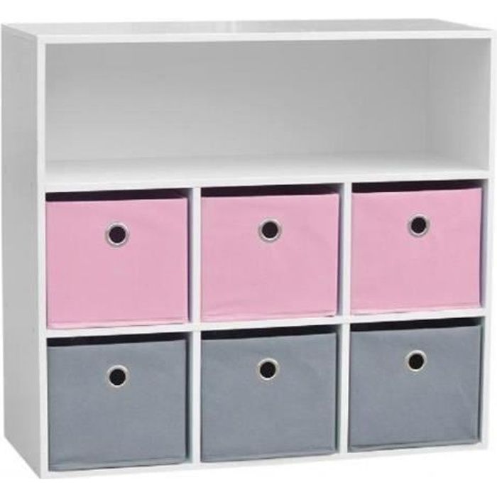 Meuble 6 paniers 1 Niche Fille TNT / MDF Rose Gris - Meuble Etagère pour Chambr L,70 x l, 29,5 x H,76 cm