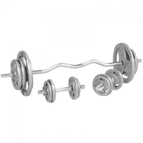 Set d'haltères avec disques à poignées + barre Curl 68 Kg