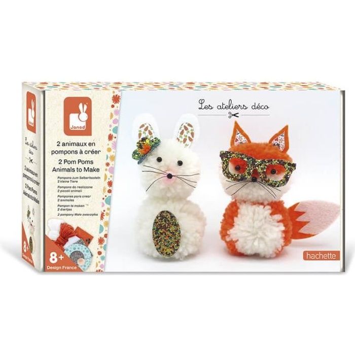 JANOD - Kit Créatif - Pompons 2 Petits Animaux - Les Ateliers Déco - Loisir Créatif Enfant - Dès 8 Ans