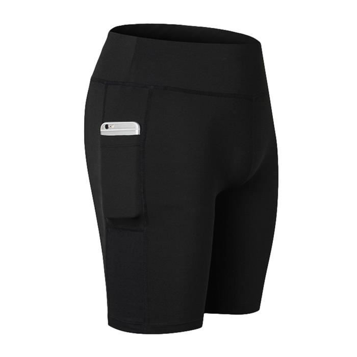 Femme Legging Yoga Court Taille Haute avec Poche, Collant Sport Gym Fitness Musculation Training Running Short Noir S