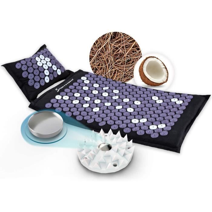 Tapis d'acupression AXM400 avec coussin - fibres naturelles de noix de coco + paillettes de sarrasin - avec fixation pour chaise