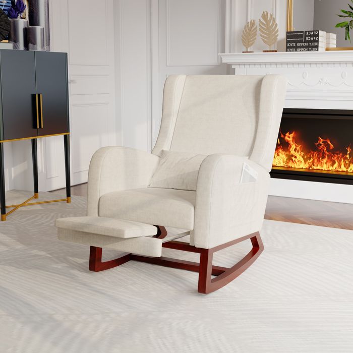 Fauteuil à Bascule en Lin Accoudoir avec Poche Pieds en Bois Massif avec Repose-Pieds Extensible 64x67x99cm Beige