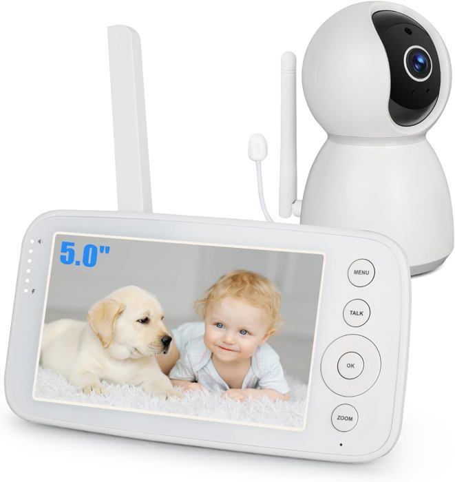 Moniteur Bébé Duckdik écran 5" & Appli - Vision Nocturne - Détection Pleurs & Mouvement - Audio 2 Sens - Capteur Température