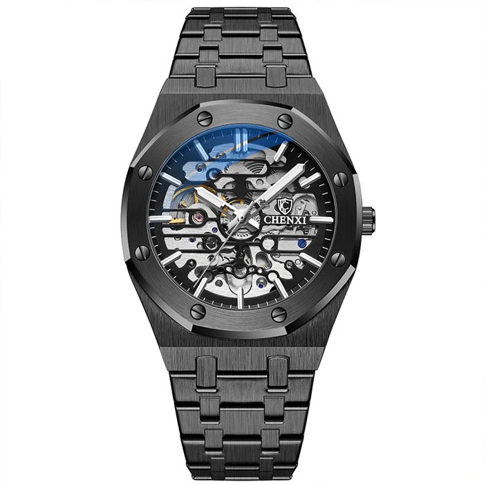 SHARPHY Montre homme de marque de luxe mécanique automatique cadran squelette élégant cool bracelet en acier noir cadeau