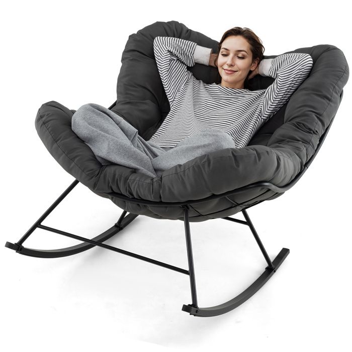 Fauteuil à Bascule - RELAX4LIFE - Coussin Rembourré - Cadre Métallique - Chaise à Bascule - Charge 205KG - 110X95X94CM - Gris