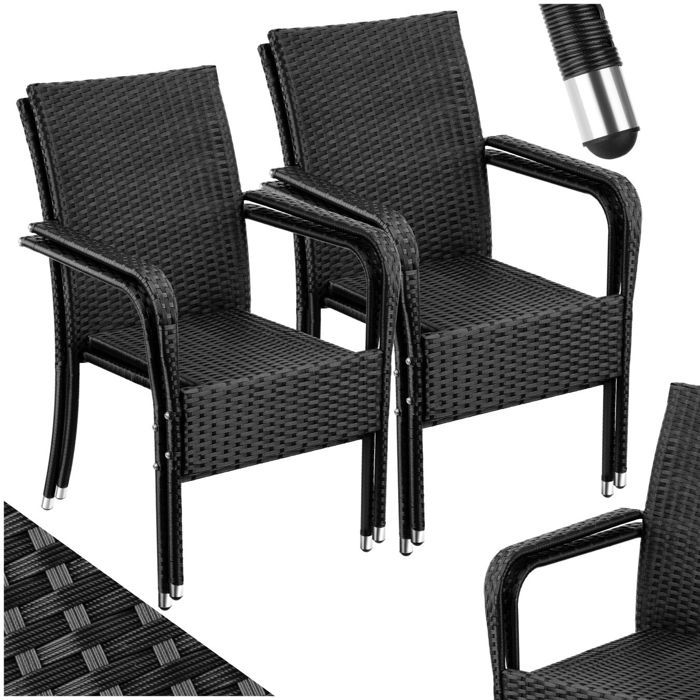 Chaises de jardin - TECTAKE - Lot de 4 fauteuils de repas dextérieur en résine tressée résistants aux UVs 58 x 67 x 90 cm - Noir