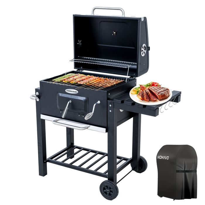 HOMAVO Barbecue Charbon de Bois Bac à Charbon Réglable en Hauteur Table Latérale Pliante Thermomètre Housse Barbecue Incluses