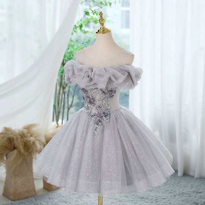 ECELEN Robe de Soirée en Tulle Gris–Robe Courte à Bretelles avec