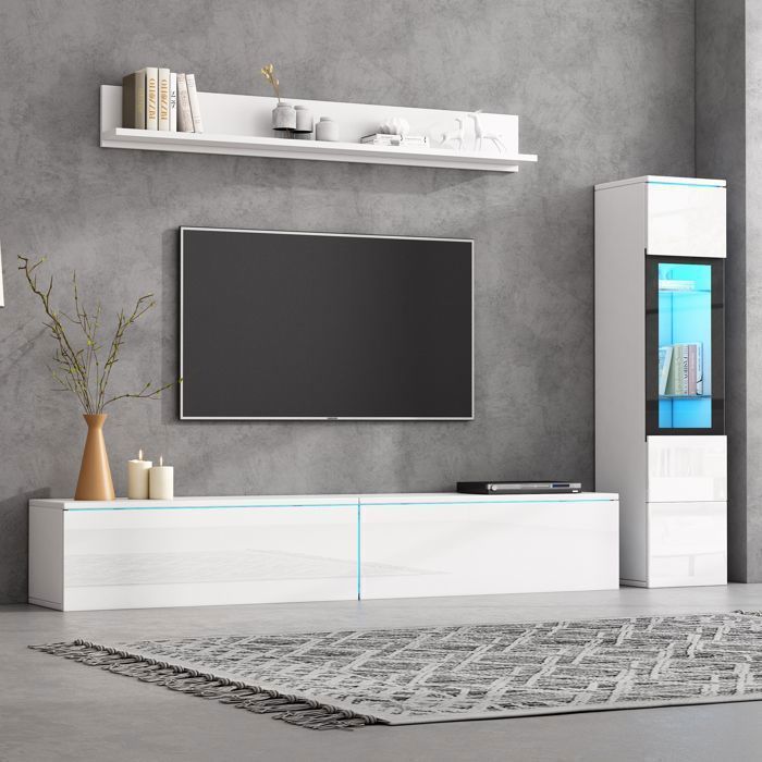 Feuille épaissie Ensemble de meubles TV 3 pièces éclairage LED blanc brillant Ensemble de meubles de salon Frontale Meuble blanc