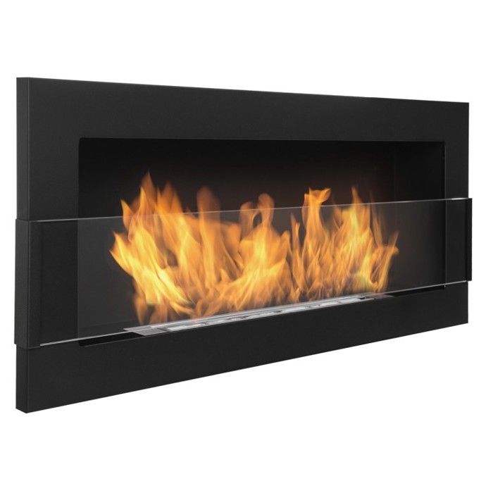 Cheminee ethanol 90 cm noire avec vitre. Cheminée bioéthanol murale.