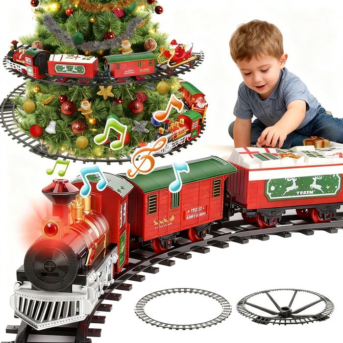 Train Électrique De Noël – Locomotive Vapeur Rétro Avec Fumée, Lumières, Effets Sonores, 2 Wagons, Pistes à Construire
