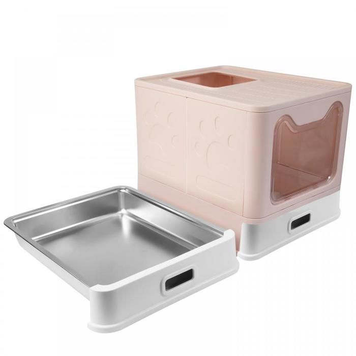 Meilleurs prix pour Bac à litière avec tiroir en acier inoxydable QUIIENCLEE 38*41*51 cm rose anti-projections entièrement fermé