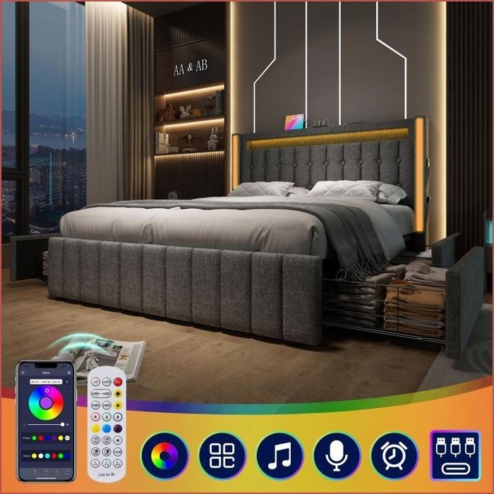 Banc de lit double 160x200cm - Charge USB-C + LED + 4 tiroirs - Gris (sans matelas)