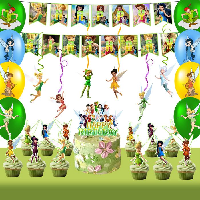 Kit décoration anniversaire La Fée Clochette - bannière nappe ballons décorations et chapeaux