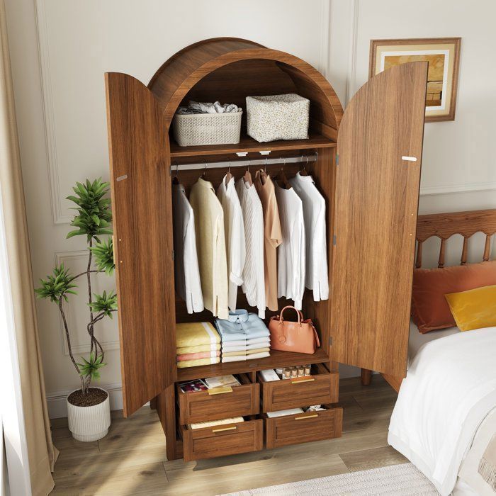 Armoire Chambre 2 Portes en Rotin - Luxe Noyer 80x50x179 cm Penderie Étagères 2 Tiroirs Rangement