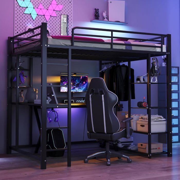 Lit Mezzanine 140x200 cm en Métal avec Bureau et Echelles Lit superposé pour Enfants et Adultes avec Lattes en Métal