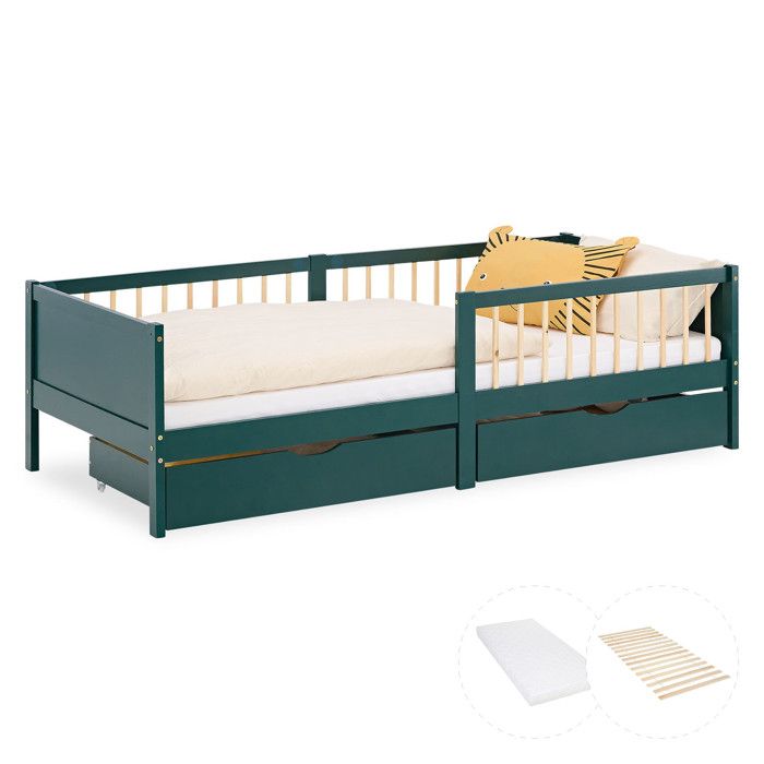 Lit Enfant 90x200 cm Vert Lit en bois avec matelas Lit simple 2 tiroirs Barrière de protection Lit Enfant 90x200 cm Vert Lit en bois avec matelas Lit simple 2 tiroirs Barrière de protection