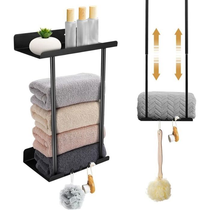 Porte-serviettes réglable en hauteur avec étagère et crochet 38-75 cm sans perçage noir