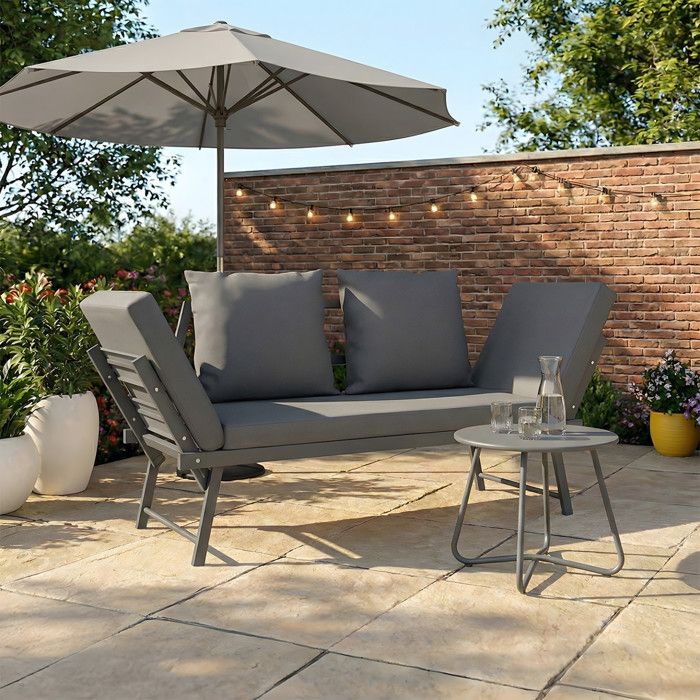IDMARKET Canapé de jardin banquette convertible NOLA 2/3 places avec accoudoirs inclinables métal et coussins gris anthracite