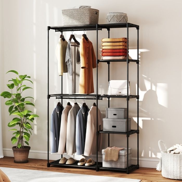Armoire Modulaire Ouverte avec 2 Tringles et 6 Étagères - BEAUNIV - Nordique Acier et Tissu Non Tissé Noir 111×43×185 cm
