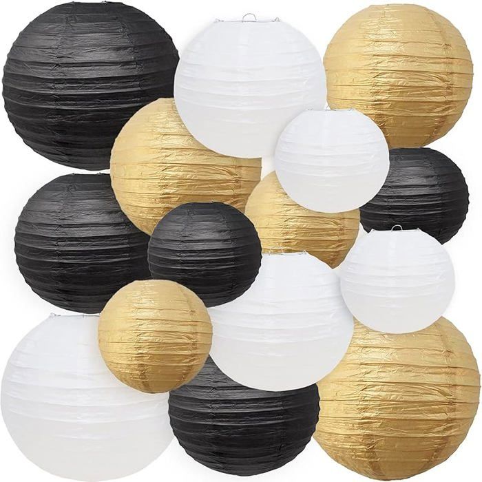 Lanternes en Papier - 15 Pièces Lampion Papier Boule Ronde Lampes en pour Mariages Anniversaires Fêtes et Événements - Noir