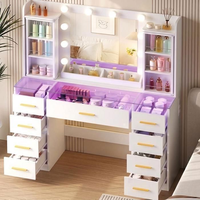Coiffeuse avec miroir led et plateau transparent éclairage RGB réglable Prise et Port USB 9 Tiroirs 105X40X140cm Blanc