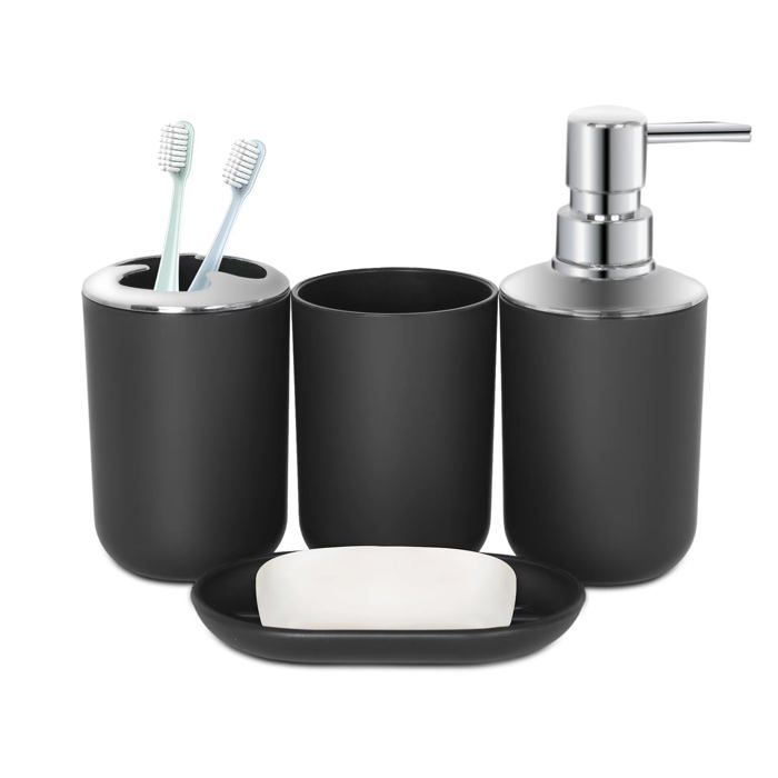 Ensemble daccessoires de salle de bain noirs 4 pièces – Inclut un porte-savon et un gobelet