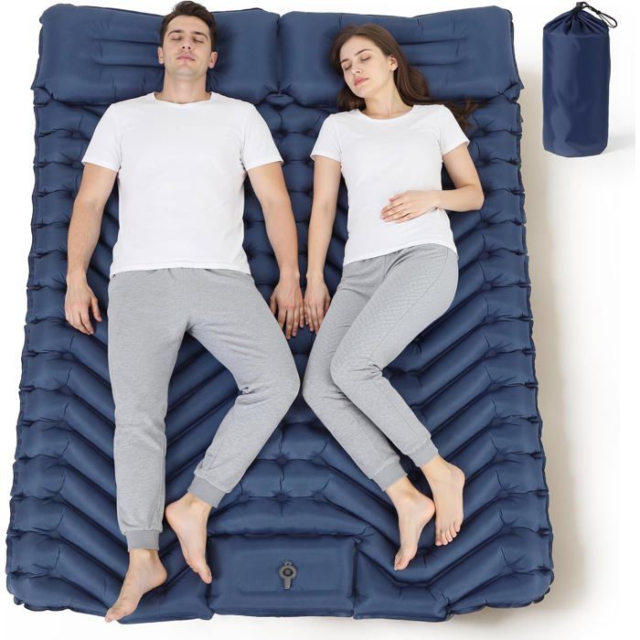 Tapis De Camping Isotherme Double Matelas Pneumatique De Camping Ultraléger Pour 2 Personnes Avec Pompe À Pied Et Oreiller Bleu