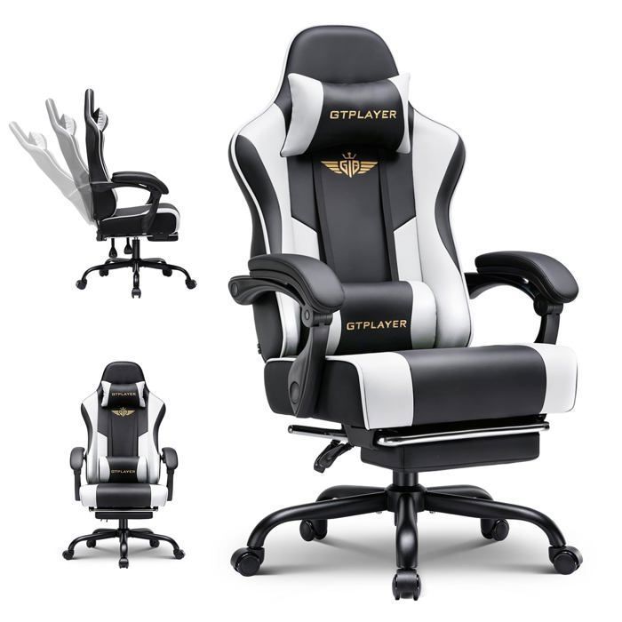 Chaise gaming ergonomique - GTPLAYER - Rembourrée - Repose-pieds & appui-tête réglables - Capacité 180 kg