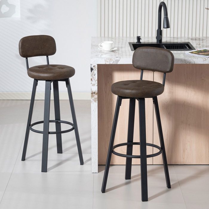 Lot de 2 tabourets hauts de cuisine pivotants en PU marron foncé dossier cadre métal repose-pieds
