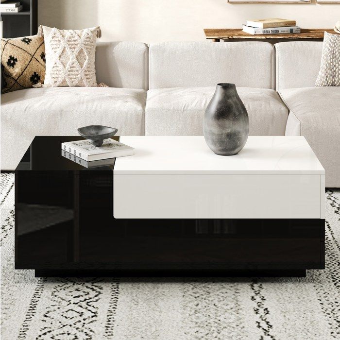 Table basse rectangulaire 100 x 50 x 38 cm noir et blanc brillante avec 2 tiroirs et rangement latéral