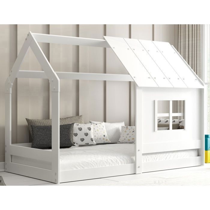 Lit Cabane Enfant 80x160 cm Montessori en Bois Massif avec Toit et Fenêtre– Sommier à Lattes Inclus Blanc Lit Cabane Enfant 80x160 cm Montessori en Bois Massif avec Toit et Fenêtre– Sommier à Lattes Inclus Blanc
