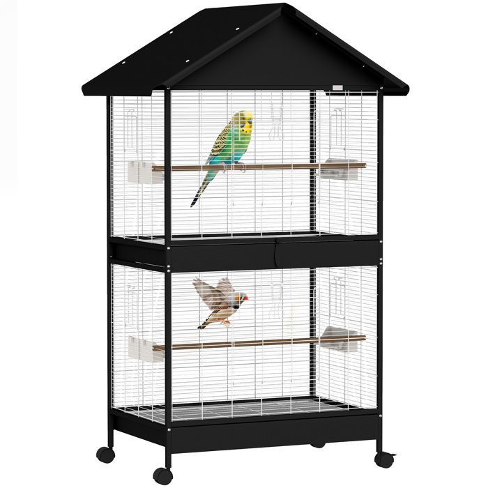Grande volière oiseaux 94x70x158cm noire séparateur amovible roues 2 portes