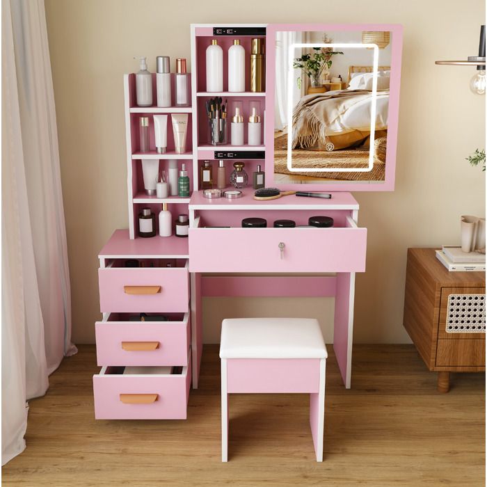 Coiffeuse En MDF Rose Avec Miroir LED Table De Maquillage Design FloraGrace Pour Chambre Facile A Assembler 85x36x130cm
