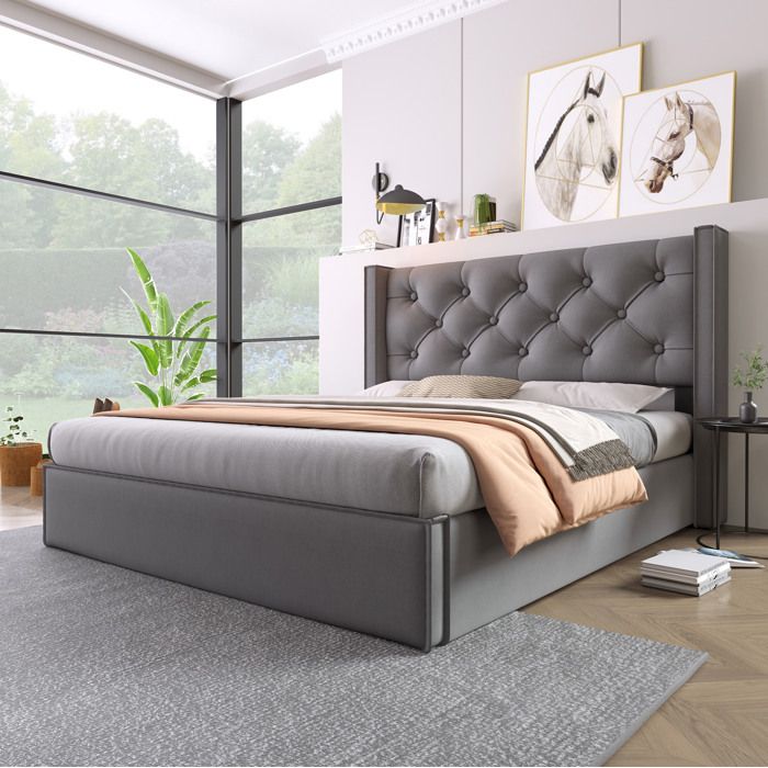 Lit coffre 140x200 cm gris avec tête de lit capitonnée sommier relevable à lattes et cadre en métal