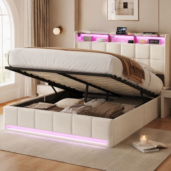 Lit coffre hydraulique 140x190 cm Lit capitonne avec LED et rangement Lit double avec USB et Type C Sommier à lattes Beige lin