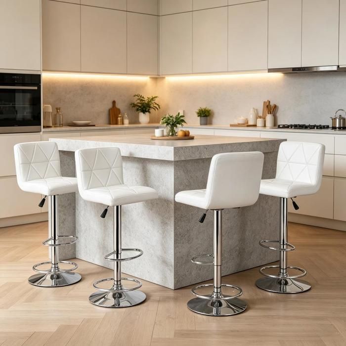 MIPAN. Lot De 4 - Chaise De Bar Pivotante Multifonctionnelle - Recouverte De Cuir Pu - 42 X 42 X (89-109) CM - Blanc