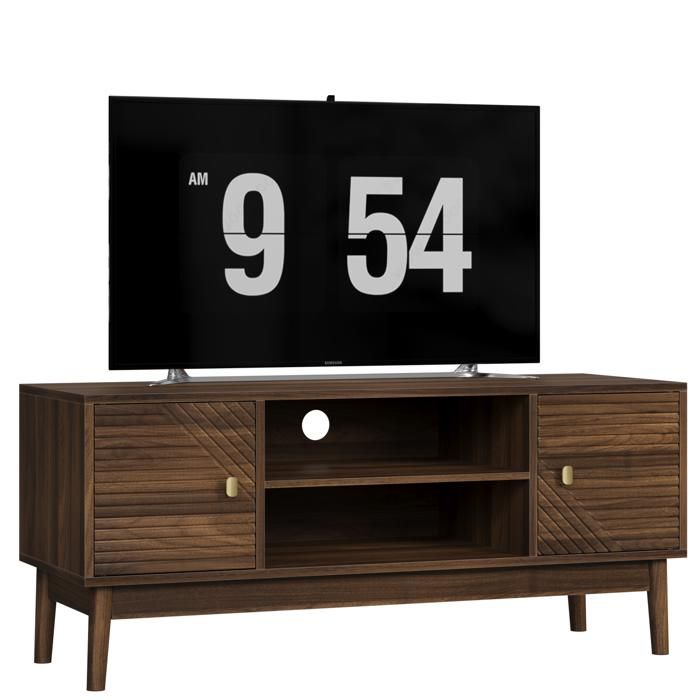 Meuble TV 110 cm avec rangement 2 portes et gestion des câbles style Mid-Century Farmhouse MDF effet noyer TYNQER