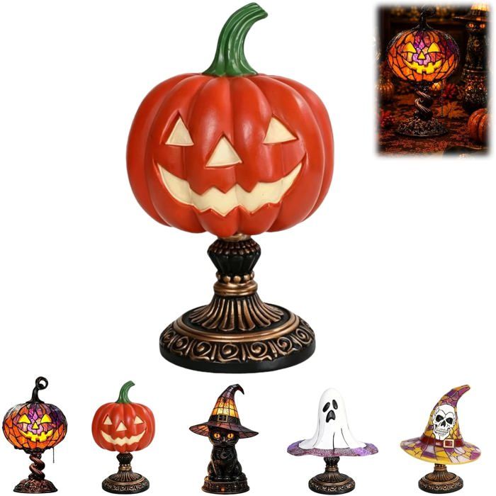 Lampe de table citrouille dHalloween en verre teinté style Tiffany style gothique vintage en résine alimentée par USB (L044)