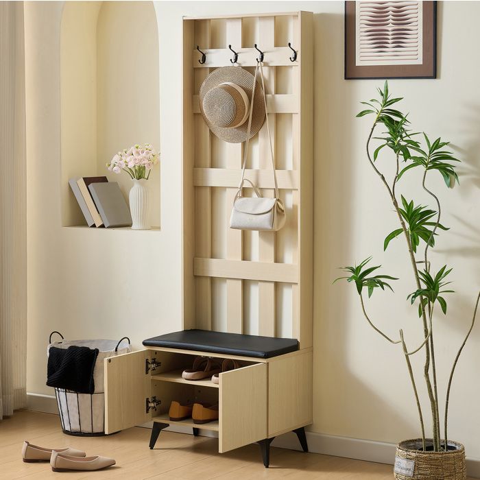 MEULVA Meuble d’entrée avec porte-manteau banc rembourré 4 crochets et rangement chaussures