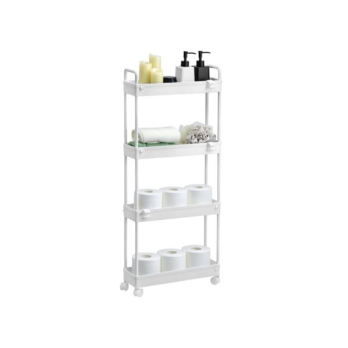 Desserte à Roulettes 4 Niveaux Chariot de Rangement Étroit pour Cuisine Salle de Bain Chambre - Moderne - Blanc - Plastique