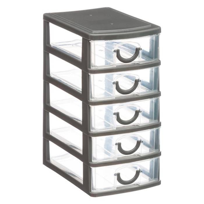 Rangement 5 Tiroirs 9 X 13 X 19 Cm Plastique Gris 13 Cm
