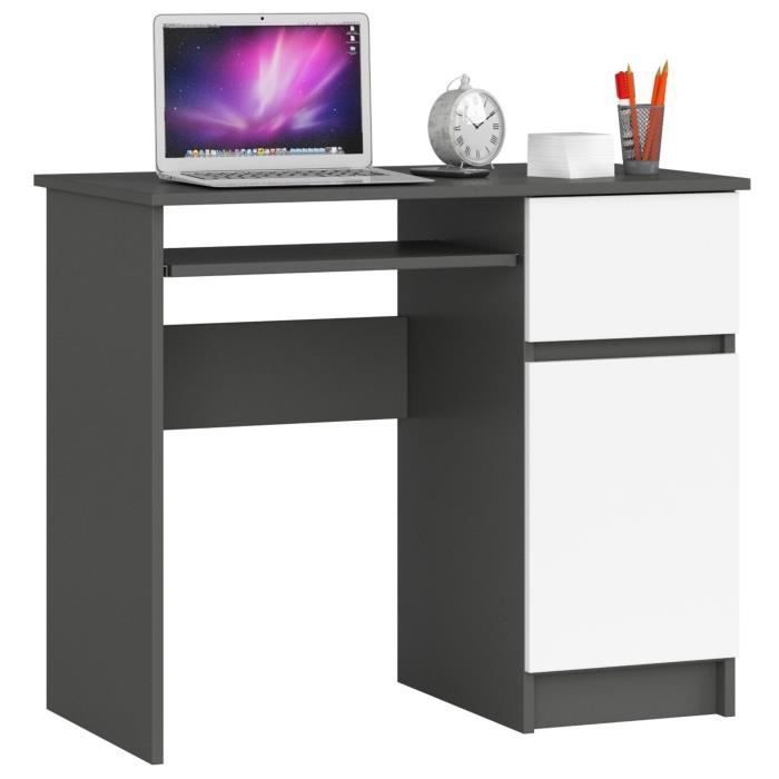 Bureau dordinateur AKORD droit PIKSEL Gris Graphite 90 cm 1 porte 1 tiroir façade Blanche 3 étagères 90x50x77 cm