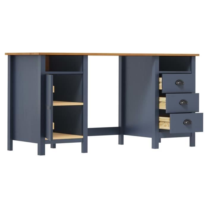 Bureau - AKOZON - Hill - Bois de pin massif - 3 tiroirs - 150x50x74 cm - Gris et marron miel