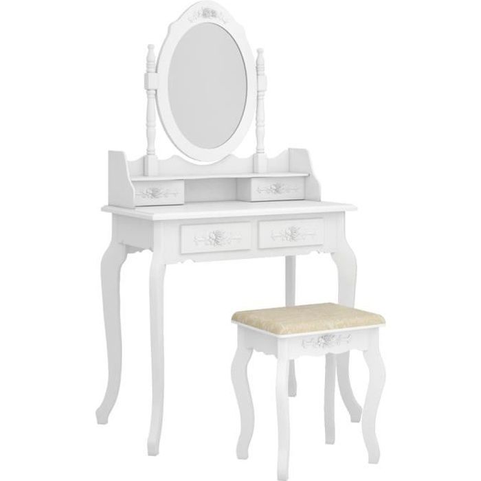 Coiffeuse Table de maquillage en bois avec 4 tiroir et miroir tabouret Blanc Coiffeuse Table de maquillage en bois avec 4 tiroir et miroir tabouret Blanc