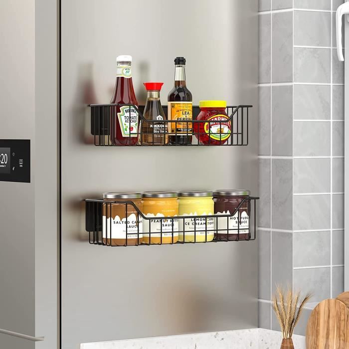 Étagère à épices Magnétique - 2 Pièces Noir Et Bois - Pour Frigo, Micro-ondes, Machine à Laver