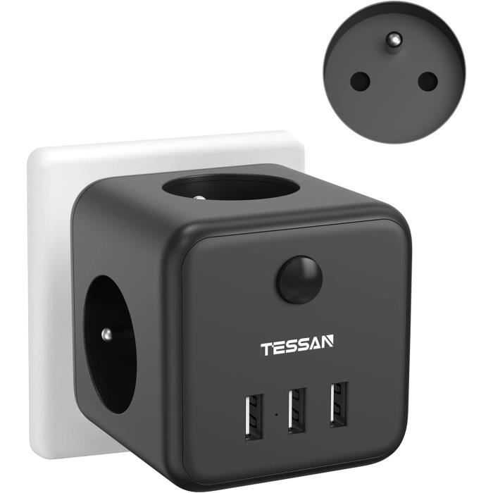 TESSAN 6 en 1 Multiprises USB Murale Cube - 3 Prises et 3 port USB,interrupteur,Noir  - Cdiscount Bricolage