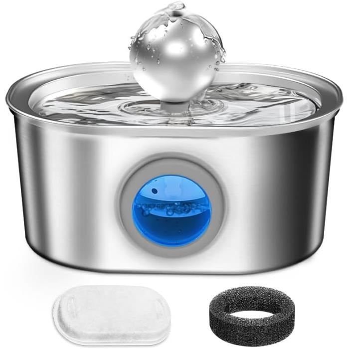 Fontaine à Eau Pour Chat Bizcasa 2,2L – Inox 304, Robinet, Filtre – Silencieuse, éclairage LED – Garde L’eau Propre
